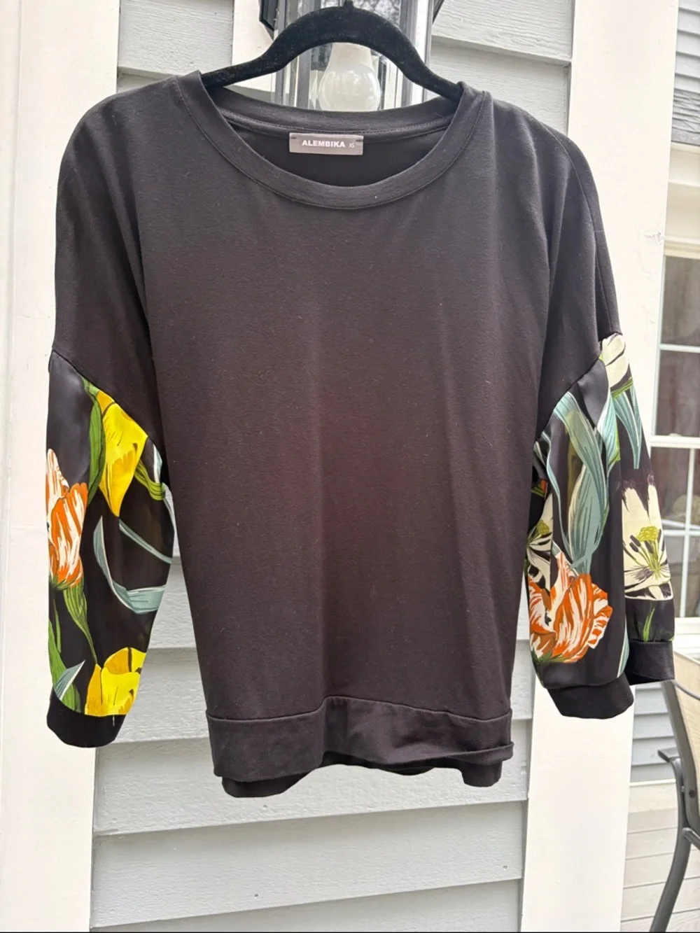 Alembika Black cotton top with Floral silky Sleeve Panels - Picture 1 of 8